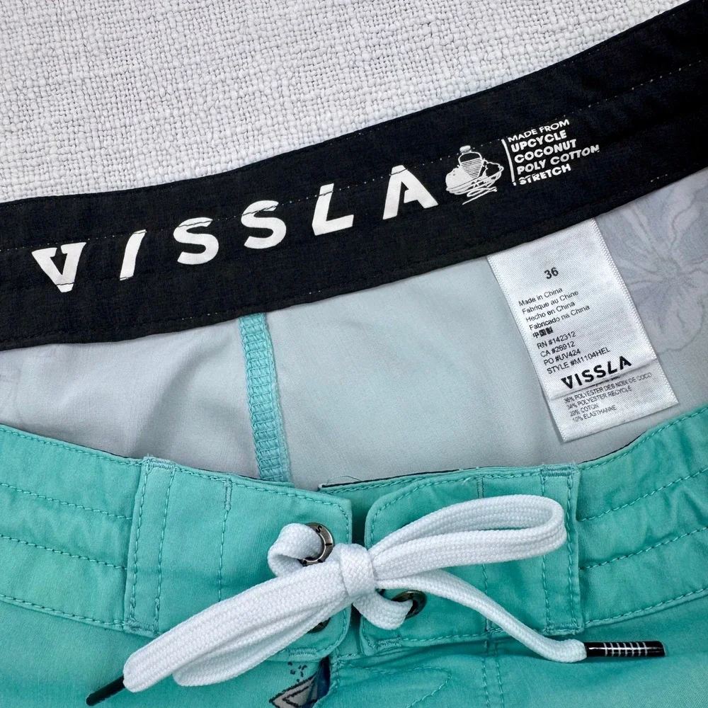Vissla Board Shorts Mens 36 Teal Beach Print Coconut Stretch‎ Trunks M1104HEL
